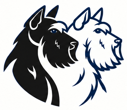 Two schnauzers, the Mack Pearce brand emblem